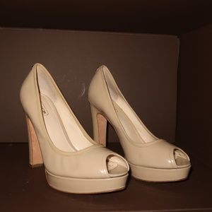 Coach Tan Patent Leather Peep Toe Pumps